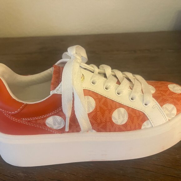 Michael Kors*Michael Kors Romey Polka Dot Orange & White Platform Sneakers Sz.7 - Picture 6 of 12